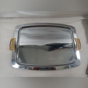 Vintage MCM 2 Tone Serving Tray Chrome Gold Handles USA